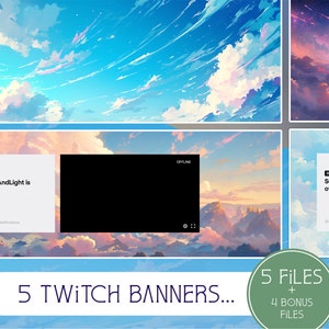 Puede incluir: Cinco diseños de banners de Twitch con un cielo colorido con nubes y montañas. Los banners incluyen el texto "OFFLINE" y "SunnyAndLight is offline."