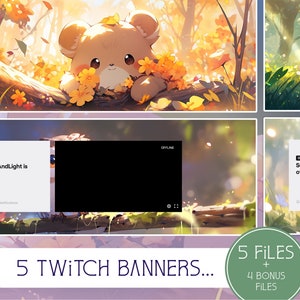 Könnte beinhalten: Fünf Twitch-Banner-Designs mit einem niedlichen Cartoon-Bären in einer Waldlandschaft mit gelben Blumen. Die Banner enthalten den Text "SunnyAndLight is offline." und "5 Twitch Banners... 5 Files + 4 Bonus Files".