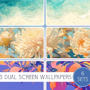 Könnte beinhalten: Sechs Sets mit Dual-Screen-Tapeten, die eine Strandszene mit blauem Wasser und weißem Sand, eine Nahaufnahme von weißen Chrysanthemen und einen Zweig Pfirsiche mit rosa, orangefarbenen und gelben Früchten zeigen.