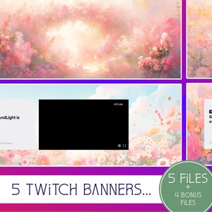 Puede incluir: Cinco diseños de banners de Twitch con un fondo floral rosa y blanco, una pantalla negra y el texto "SunnyAndLight is offline."