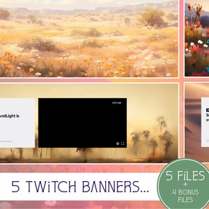 Puede incluir: Cinco diseños de banners de Twitch que presentan un paisaje desértico con un cielo de puesta de sol, palmeras y un campo de flores silvestres. Los banners incluyen el texto "SunnyAndLight is offline." y una pantalla negra.