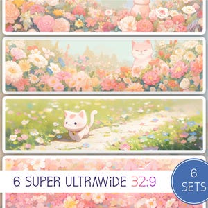Könnte beinhalten: Sechs digitale Illustrationen einer weißen Katze mit rosa Nase und gelben Augen, die durch ein Feld mit rosa und weißen Blumen geht. Die Katze trägt ein goldenes Halsband mit einer Glocke. Die Illustrationen sind im Super-Ultrabreitbildformat 32:9.