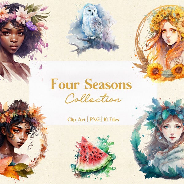 16 pc Four Seasons Clip Art Collection, Commercial Use, Digital Sticker beautiful seasons, Watercolor design, Bonus Stickers, magic