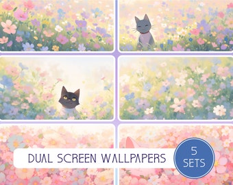 Happy Kitten Dual Screen Collection, 6 Sets, 6 Bonus Wallpapers, Commercial Use, High Resolution, 16:9, Multiple Screens, Lofi