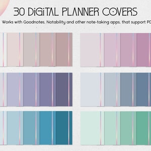 May include: Thirty digital planner covers in various shades of pink, purple, blue, and green. Each cover has a subtle iridescent stripe down the center.