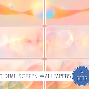 Könnte beinhalten: Ein Satz von sechs Dual-Screen-Hintergründen mit einem weichen, abstrakten Design. Die Hintergrundbilder zeigen Pastellfarben wie Pfirsich, Rosa und Gelb mit verschwommenen Formen und Kreisen. Der Text "6 DUAL SCREEN WALLPAPERS" und "6 SETS" ist enthalten.