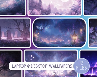 Witch Night Wallpaper Collection, 12 Digital Backgrounds, Commercial Use, High Resolution, 16:9, Laptop and Desktop, Lofi, Instant Download