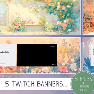 Puede incluir: Cinco diseños de banners de Twitch con un fondo floral, una ventana y un banco. Los banners incluyen el texto "SunnyAndLight is offline." y una pantalla negra con el texto "OFFLINE".