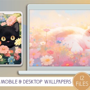 Könnte beinhalten: Ein Set mit 12 Hintergrundbildern für Handy und Desktop, die süße Katzen zeigen, die in einem Blumenfeld schlafen. Die Hintergrundbilder sind in Pastellfarben gehalten und haben eine weiche, verträumte Ästhetik.