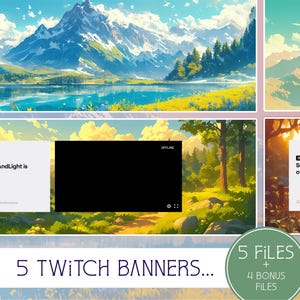 Puede incluir: Cinco diseños de banners de Twitch con paisajes escénicos con montañas, lagos y bosques. Los banners incluyen el texto "SunnyAndLight is offline." y "5 Twitch Banners... 5 Files + 4 Bonus Files".