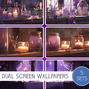 Könnte beinhalten: Fünf Sätze von Dual-Screen-Hintergrundbildern mit einer magischen Szene mit Kerzen, mit Lavendel gefüllten Gläsern und einem lila-rosa Farbschema. Der Text "DUAL SCREEN WALLPAPERS" und "5 SETS" ist im Bild sichtbar.