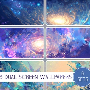 Könnte beinhalten: Sechs Sets mit Dual-Screen-Hintergrundbildern mit abstrakten Galaxien- und Unterwasserszenen in Blautönen, Lila, Rosa und Grün. Der Text "6 DUAL SCREEN WALLPAPERS 6 SETS" ist im Bild sichtbar.