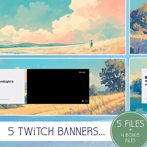 Puede incluir: Cinco diseños de banners de Twitch que presentan una escena de paisaje con un cielo azul, nubes blancas y un campo de hierba. Los banners incluyen el texto "SunnyAndLight is offline." y una pantalla negra con la palabra "OFFLINE" en texto blanco.