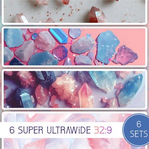 Könnte beinhalten: Ein Bild, das eine Sammlung von Kristallen in verschiedenen Farben zeigt, darunter Rosa, Blau und Klar. Die Kristalle sind in rechteckigen Rahmen angeordnet, mit dem Text "6 SUPER ULTRAWIDE 32:9" und "6 SETS" unten. Der Hintergrund hat ein weiches Pastellfarbschema.