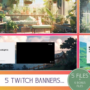 Puede incluir: Cinco diseños de banners de Twitch con una variedad de escenas de la naturaleza, que incluyen una casa con un techo verde, un gato blanco sentado en un sofá y un exuberante jardín verde. Las pancartas son todas en un estilo de dibujos animados y presentan el texto "SunnyAndLight is offline."