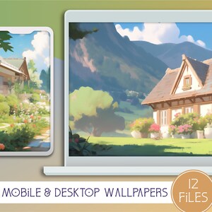 Puede incluir: Un conjunto de 12 fondos de pantalla para móvil y escritorio que muestran una encantadora cabaña con un exterior blanco y molduras marrones, rodeada de exuberante vegetación y flores. La cabaña se encuentra en un contexto de una cordillera y un cielo azul brillante con nubes blancas esponjosas. El texto "12 ARCHIVOS" se muestra en un círculo dorado en la esquina inferior derecha de la imagen.