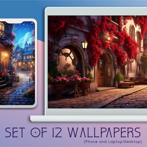 Romantic Alley Wallpaper Collection, 12 Digital Backgrounds, Commercial Use, High Resolution, 16:9, Mobile, Desktop, Lofi, Instant Download
