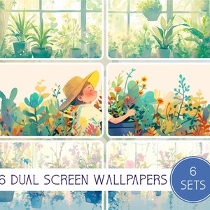 Könnte beinhalten: Sechs Sets mit Dual-Screen-Hintergrundbildern, die eine skurrile Illustration eines Mädchens in einem Strohhut zeigen, das von üppigen grünen Pflanzen und Blumen umgeben ist. Der Text "6 DUAL SCREEN WALLPAPERS 6 SETS" ist in der Mitte unten im Bild sichtbar.