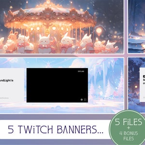 Puede incluir: Cinco diseños de banners de Twitch que presentan una escena de un país de las maravillas invernal con un carrusel, nieve y un personaje lindo. Los banners están en un esquema de color pastel con rosa, azul y blanco. El texto "OFFLINE" y "SunnyAndLight is offline." se muestra en los banners.