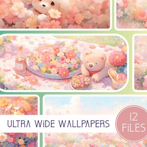 Könnte beinhalten: Eine Collage aus 12 Ultra-Wide-Hintergrundbildern mit einem pastellrosa und weißen Farbschema mit floralen Mustern und niedlichen Tierillustrationen. Der Text "ULTRA WIDE WALLPAPERS" und "12 FILES" ist im Bild sichtbar.