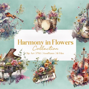 14 pc Harmony in Flowers Clipart Collection, Commercial Use, Goodnotes, Bonus Stickers, floral instrument-themed, feminine instruments