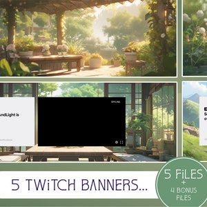 Puede incluir: Cinco diseños de banners de Twitch que presentan una escena al aire libre verde y marrón con una mesa y sillas de madera. Los banners incluyen el texto "SunnyAndLight is offline." y una pantalla negra.