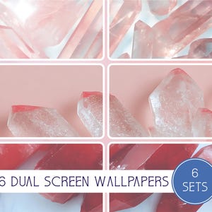 May include: A digital art image featuring six panels of crystals in shades of pink and red. The crystals have a translucent appearance with sharp edges. The image includes text that reads "6 Dual Screen Wallpapers" and "6 Sets".