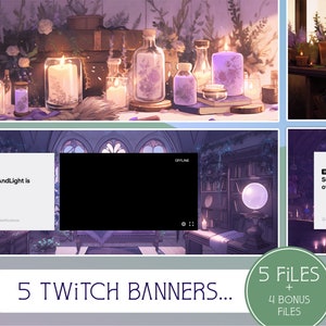 Puede incluir: Cinco diseños de banners de Twitch con un tema de fantasía en tonos morados y blancos. Los banners incluyen una variedad de elementos mágicos, como velas, botellas y una bola de cristal. El texto "SunnyAndLight is offline" aparece en dos de los banners.