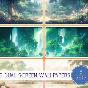 Könnte beinhalten: Sechs Sets mit Dual-Screen-Hintergrundbildern, die üppige grüne Landschaften mit Wasserfällen, Brücken und Blumen zeigen. Der Text "6 DUAL SCREEN WALLPAPERS 6 SETS" ist auf dem Bild zu sehen.