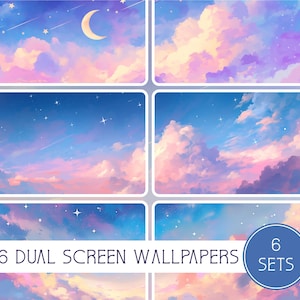 Moonlit Sky Dual Screen Collection, 6 set, 6 sfondi Super Ultrawide, alta risoluzione, 32:9, schermi multipli, Lofi, download immediato