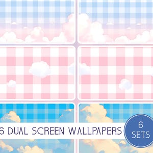 Könnte beinhalten: Sechs Dual-Screen-Hintergründe mit einem pastellfarbenen Himmel-Thema. Jeder Hintergrund zeigt ein Vichy-Muster in Blau oder Rosa mit flauschigen weißen Wolken. Der Text lautet "6 Dual Screen Wallpapers" und "6 Sets".