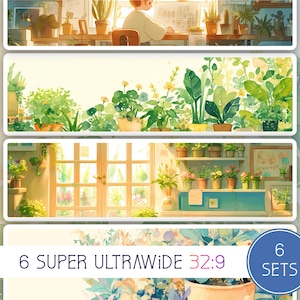 Puede incluir: Ilustración en acuarela de una serie de imágenes que representan plantas de interior y una persona trabajando en un escritorio. Las imágenes tienen formato rectangular, con una paleta de colores pastel suaves. El texto "6 SUPER ULTRAWIDE 32:9" es visible.
