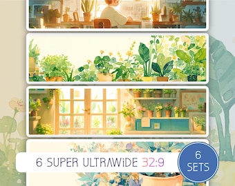 Cozy Botanics Collection, 32:9 aspect ratio, 6 Super Ultrawide Wallpapers, High Resolution, desktop, bonus dual screen,Lofi,Instant Download
