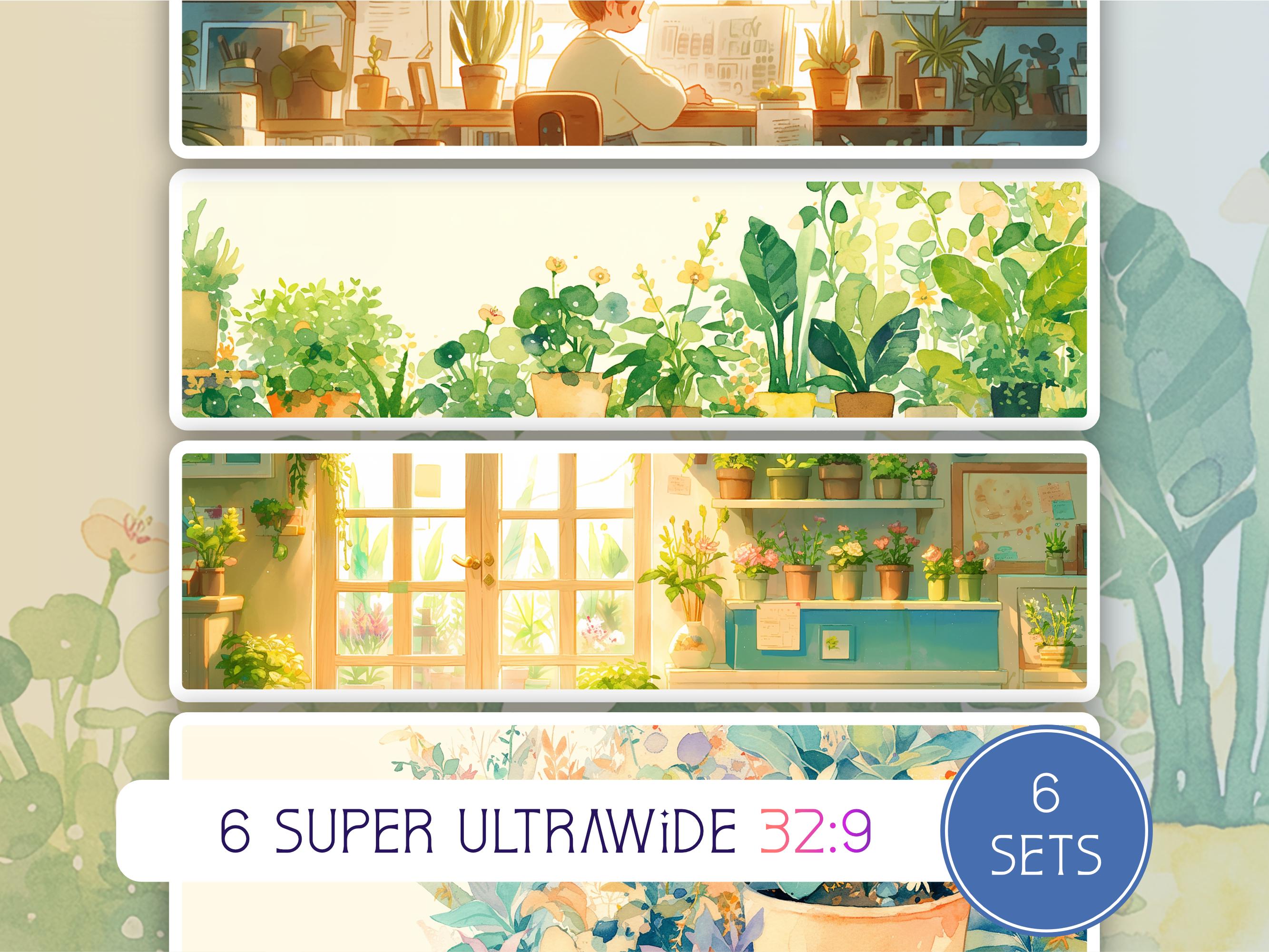 Cozy Botanics Collection, 32:9 aspect ratio, 6 Super Ultrawide Wallpapers, High Resolution, desktop, bonus dual screen,Lofi,Instant Download
