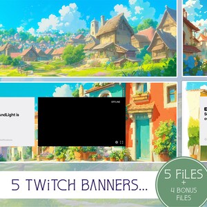 Puede incluir: Cinco diseños de banners de Twitch que presentan un pueblo de dibujos animados con casas coloridas y árboles verdes. Los banners incluyen el texto "SunnyAndLight is offline." y "5 Twitch Banners... 5 Files + 4 Bonus Files".
