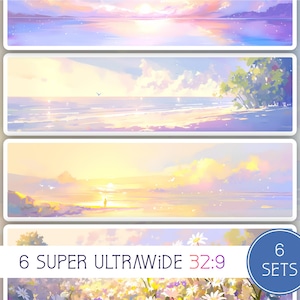 Könnte beinhalten: Ein Set aus sechs super ultraweiten 32:9 Landschaftskunst-Drucken. Jeder Druck zeigt eine ruhige, pastellfarbene Szene eines Sonnenuntergangs über Wasser oder einem Strand, mit weichen Wolken und sanftem Licht. Die Drucke sind in einem rechteckigen Format.