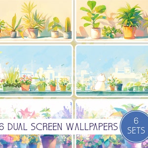 May include: Six sets of dual screen wallpapers featuring watercolor illustrations of potted plants and a cat in front of a window with a city skyline in the background. The text "6 DUAL SCREEN WALLPAPERS 6 SETS" is visible in the bottom center of the image.