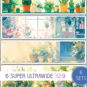 May include: Six digital backgrounds featuring a variety of plants and flowers in pots, with a window or door in the background. The backgrounds are in a soft, watercolor style and have a light and airy feel. The text "6 SUPER ULTRAWIDE 32:9 SETS" is at the bottom of the image.
