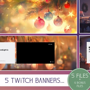 Puede incluir: Cinco diseños de banners de Twitch con temática navideña. Los banners tienen un fondo borroso de un árbol de Navidad con adornos y luces. El texto "SunnyAndLight is offline." se muestra en cada banner.
