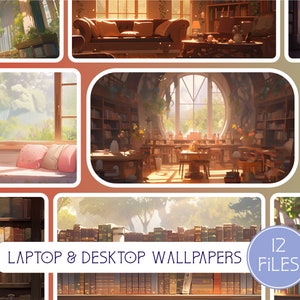 Könnte beinhalten: Eine Collage aus 12 digitalen Illustrationen, die ein Bibliotheksinnere mit Bücherregalen, Fenstern und Möbeln zeigen. Der Text "LAPTOP & DESKTOP WALLPAPERS 12 FILES" ist im Bild sichtbar.
