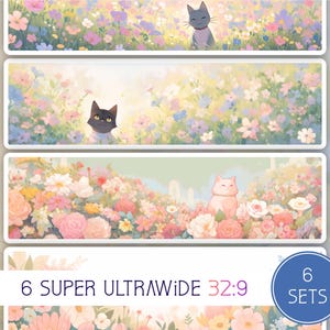 Könnte beinhalten: Sechs digitale Illustrationen von Katzen in einem Blumenfeld. Die Illustrationen sind im Super-Ultrabreitbildformat 32:9. Der Text "6 SUPER ULTRAWIDE 32:9 SETS" befindet sich am unteren Rand des Bildes.