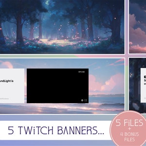 Puede incluir: Cinco diseños de banners de Twitch con una variedad de fondos, que incluyen un bosque con luces brillantes, una playa al atardecer y un cielo estrellado. Cada banner incluye el texto "OFFLINE" y "SunnyAndLight is offline."