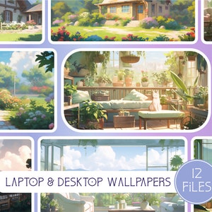 Könnte beinhalten: Eine Sammlung von 12 digitalen Laptop- und Desktop-Hintergrundbildern mit verschiedenen Szenen von charmanten Häusern, üppigen Gärten und gemütlichen Innenräumen. Die Bilder sind in einer weichen, pastellfarbenen Farbpalette gehalten und haben eine verspielte, verträumte Ästhetik.
