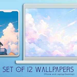 Könnte beinhalten: Ein Set mit 12 Hintergrundbildern für Handy und Laptop, die einen pastellblauen Himmel mit fluffigen weißen Wolken und Lichtstreifen zeigen. Der Text "SET OF 12 WALLPAPERS (Phone and Laptop/Desktop)" befindet sich am unteren Rand des Bildes.