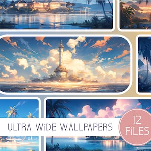Beach House Wallpaper Collection, 12 Digital Backgrounds, Commercial Use, High Resolution, 21:9, Banner, Desktop, Lofi, Instant Download