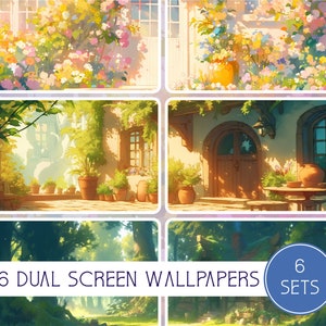 Könnte beinhalten: Digitales Kunstwerk mit sechs Dual-Screen-Hintergründen. Die Bilder zeigen malerische Szenen von Häusern und Gärten mit bunten Blumen und üppigem Grün. Der Text lautet "6 Dual Screen Wallpapers" und "6 Sets".