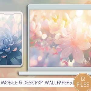 Könnte beinhalten: Ein Set mit 12 Hintergrundbildern für Mobilgeräte und Desktops, die eine Nahaufnahme von zarten rosa und weißen Blüten mit einem weichen, verschwommenen Hintergrund zeigen. Das Bild hat eine verträumte, ätherische Atmosphäre.