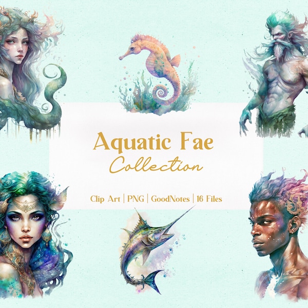 16 pc Aquatic Fae Clip Art Collection, Commercial Use, Goodnotes Sticker, Digital Sticker, Under the Sea, Bonus Stickers, mermaid, fae