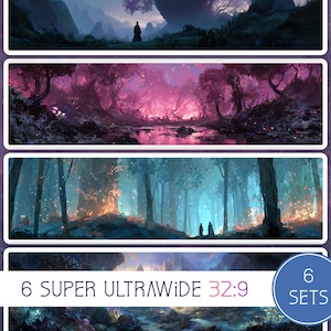 May include: A collection of six fantasy landscape prints. Each print features a different scene with trees, water, and figures. The prints are in a 32:9 super ultrawide format. The color palette includes shades of purple, blue, and pink.