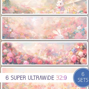 Könnte beinhalten: Sechs digitale Hintergründe mit einer pastellrosa und weißen Landschaft mit Blumen und einem weißen Kaninchen. Der Text "6 SUPER ULTRAWIDE 32:9 SETS" befindet sich am unteren Rand des Bildes.